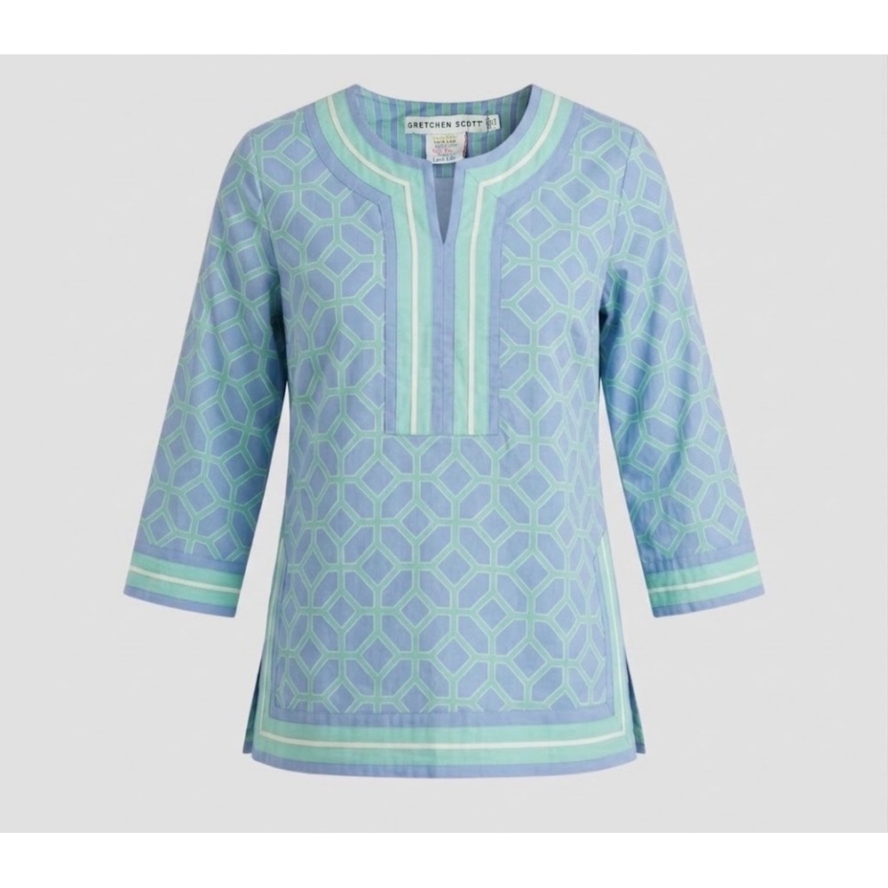Gretchen Scott Lucy in the Sky Diamond Blouse 100% Cotton Resort Wear Sz Shrimp